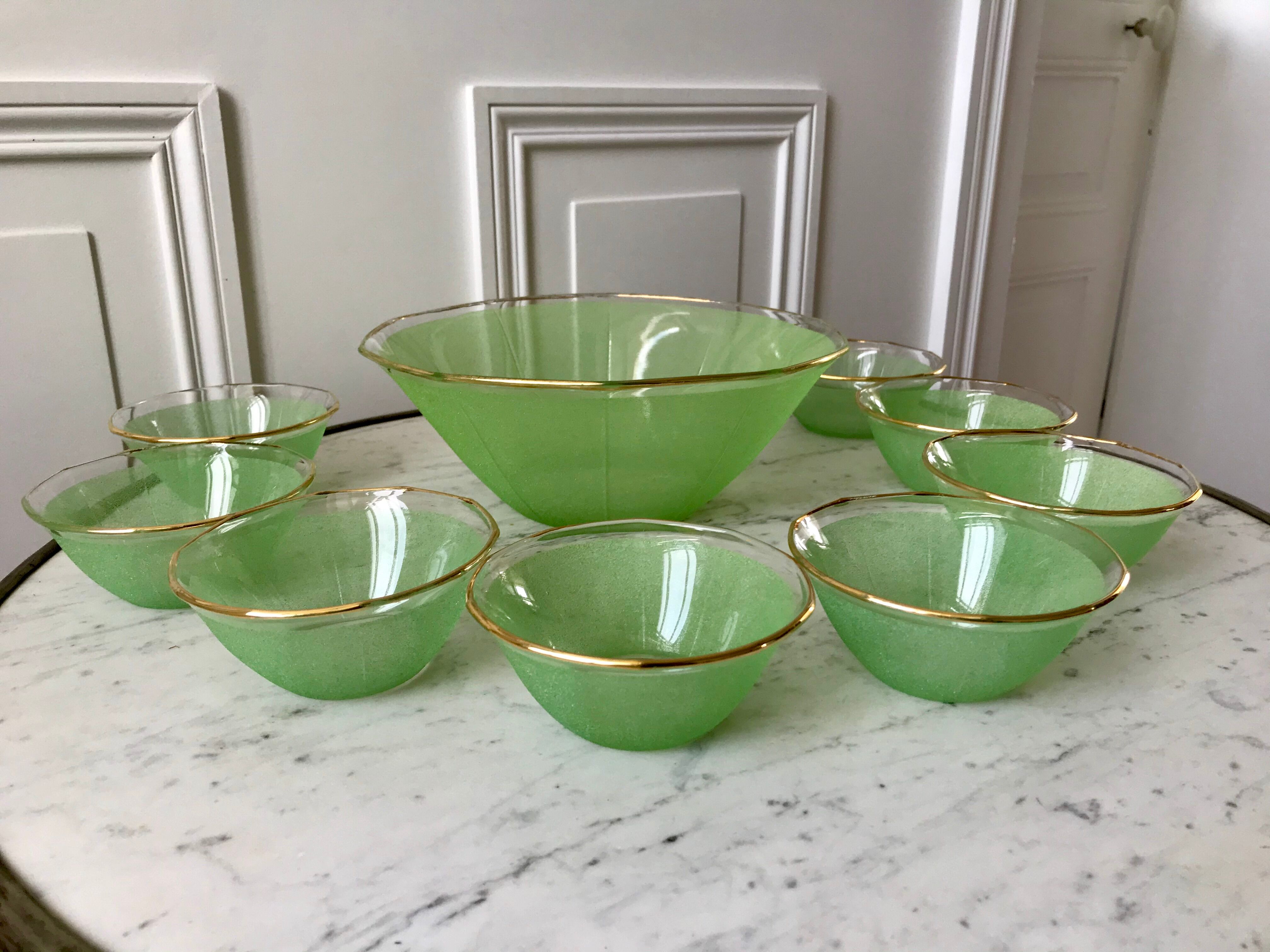 Set of 8 small bowls and a green granita bowl 60s-70s