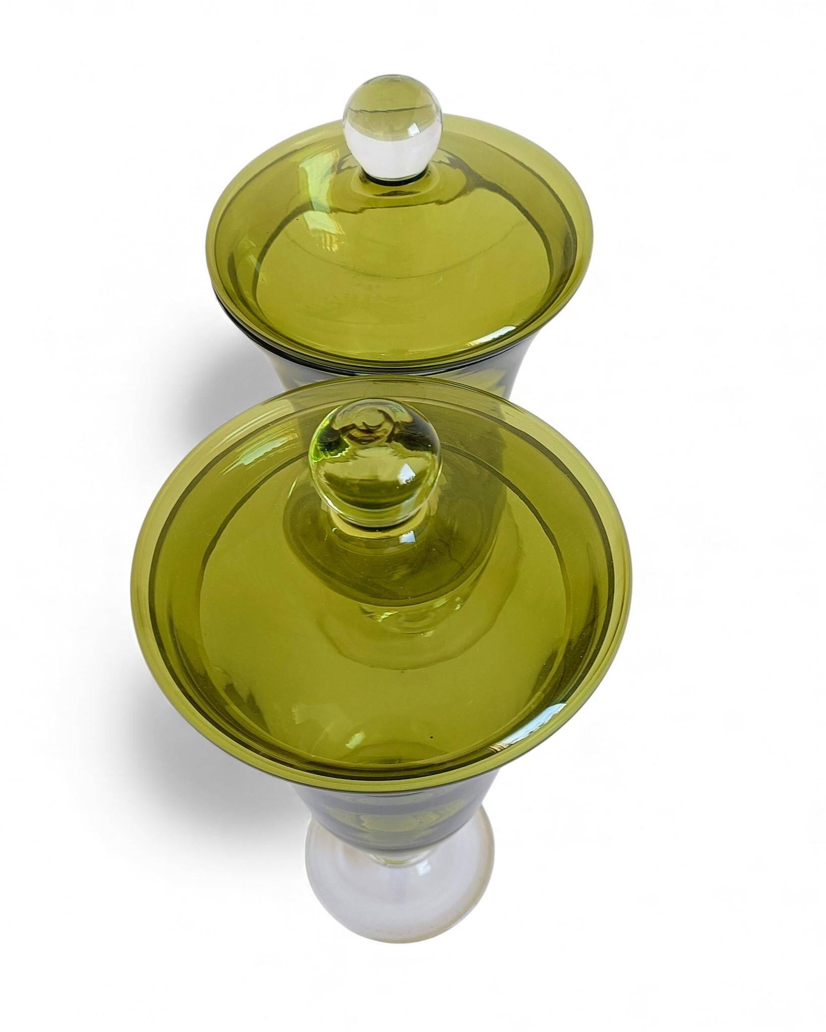 Murano Glass Green Lidded Urns, Venini Style, Italy, 1950s