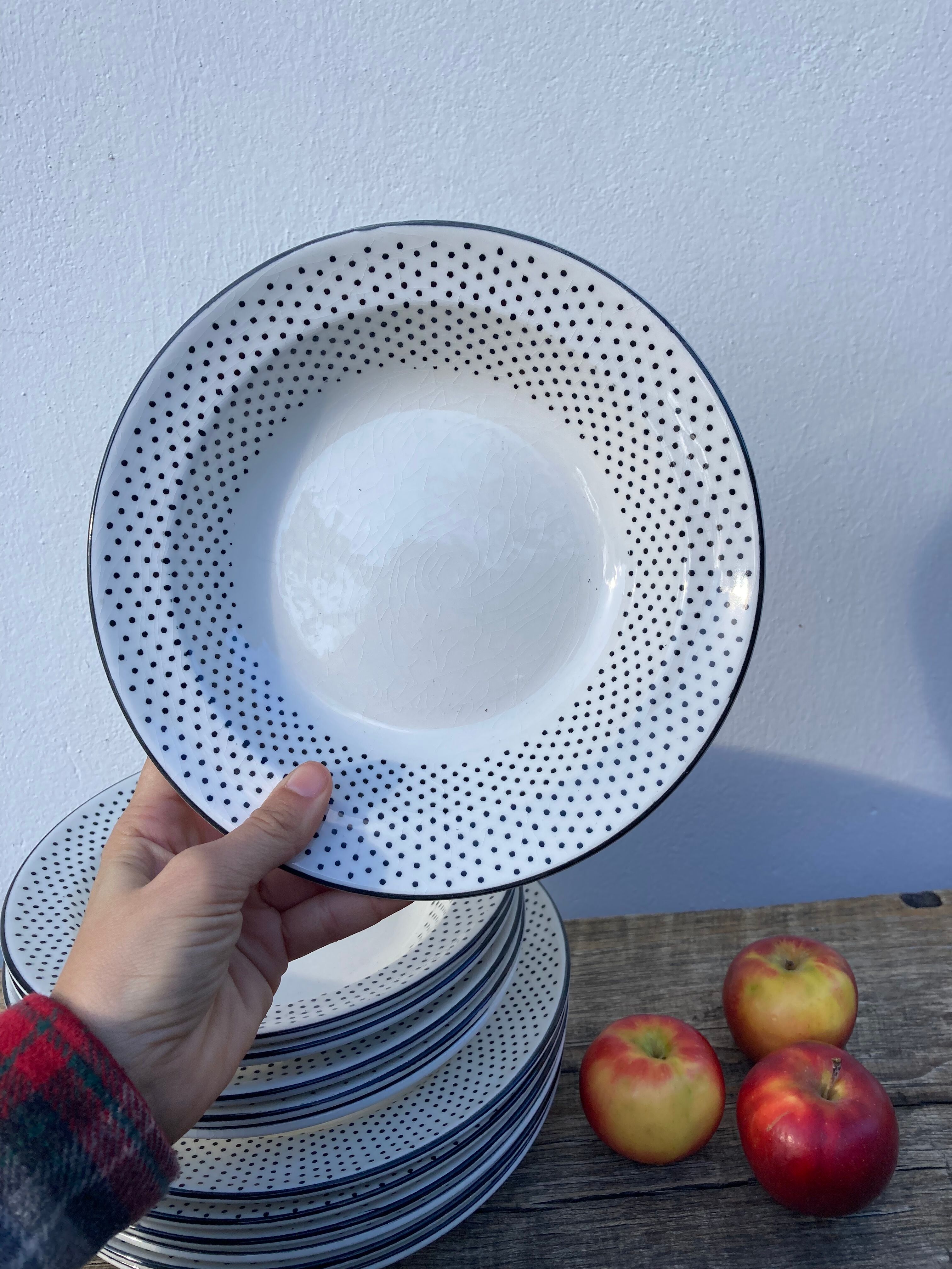 Gien service for 6 people with black polka dots: soup plates and flat plates