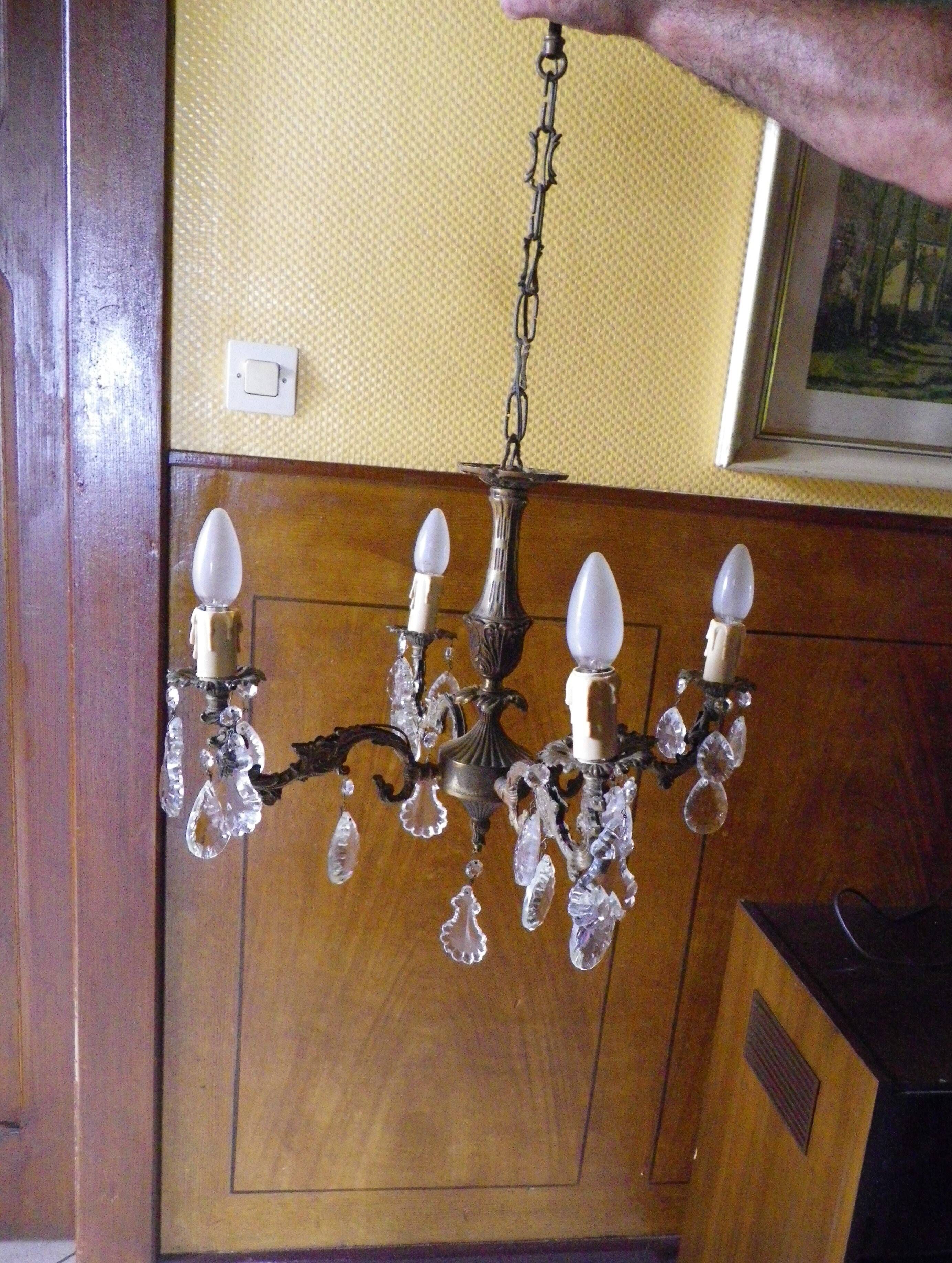 Rococo chandelier with crystal pendants, 4 lights, brass and metal 1950/1960