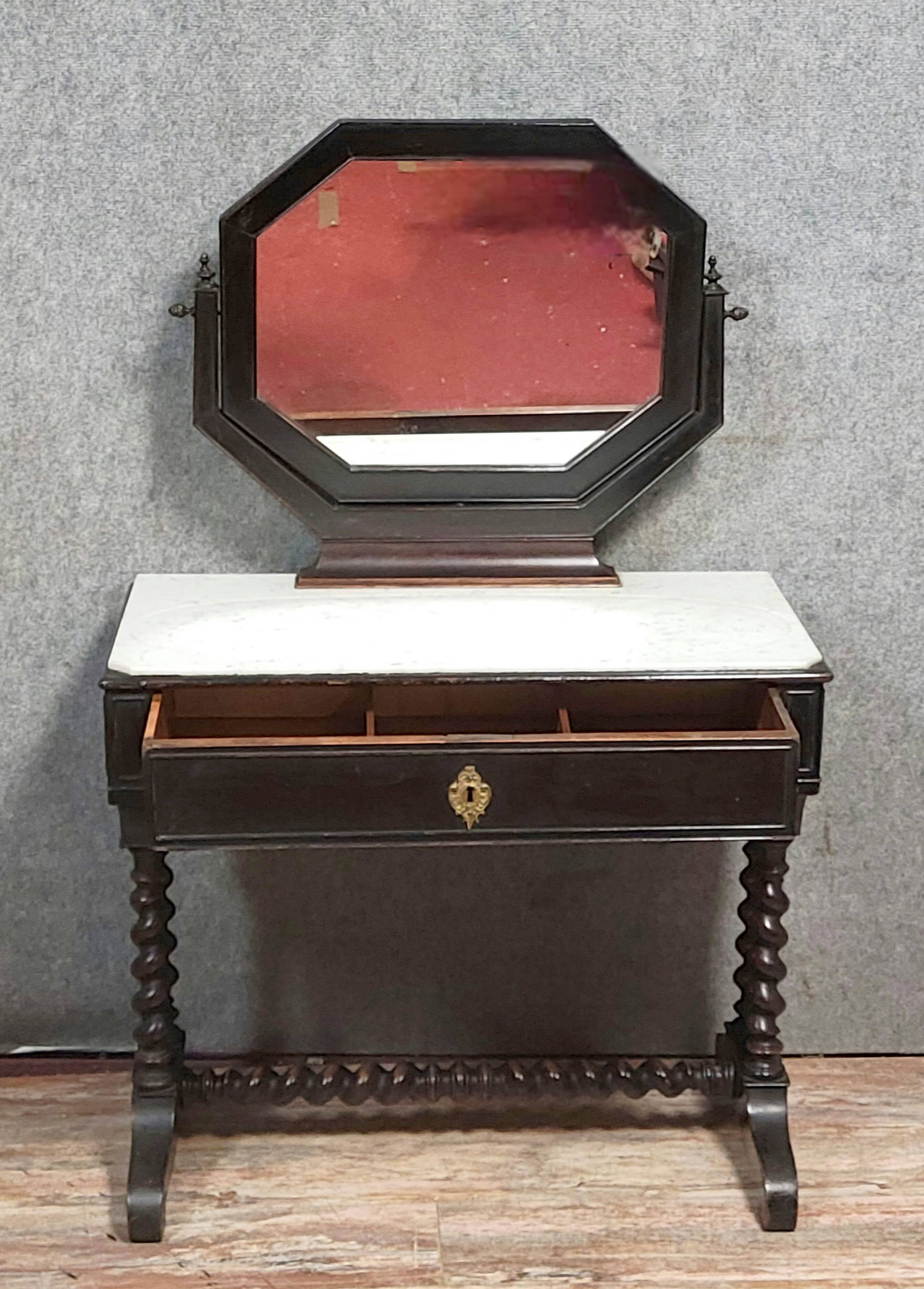 Napoleon III style dressing table in blackened wood, featuring an elegant octagonal mirror