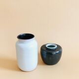 Duo of small black and white ceramic vases