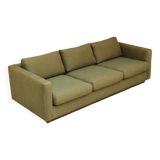 Pierre Frey modernist bench in green and gold patterned fabric