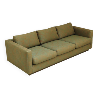 Pierre Frey modernist bench in green and gold patterned fabric