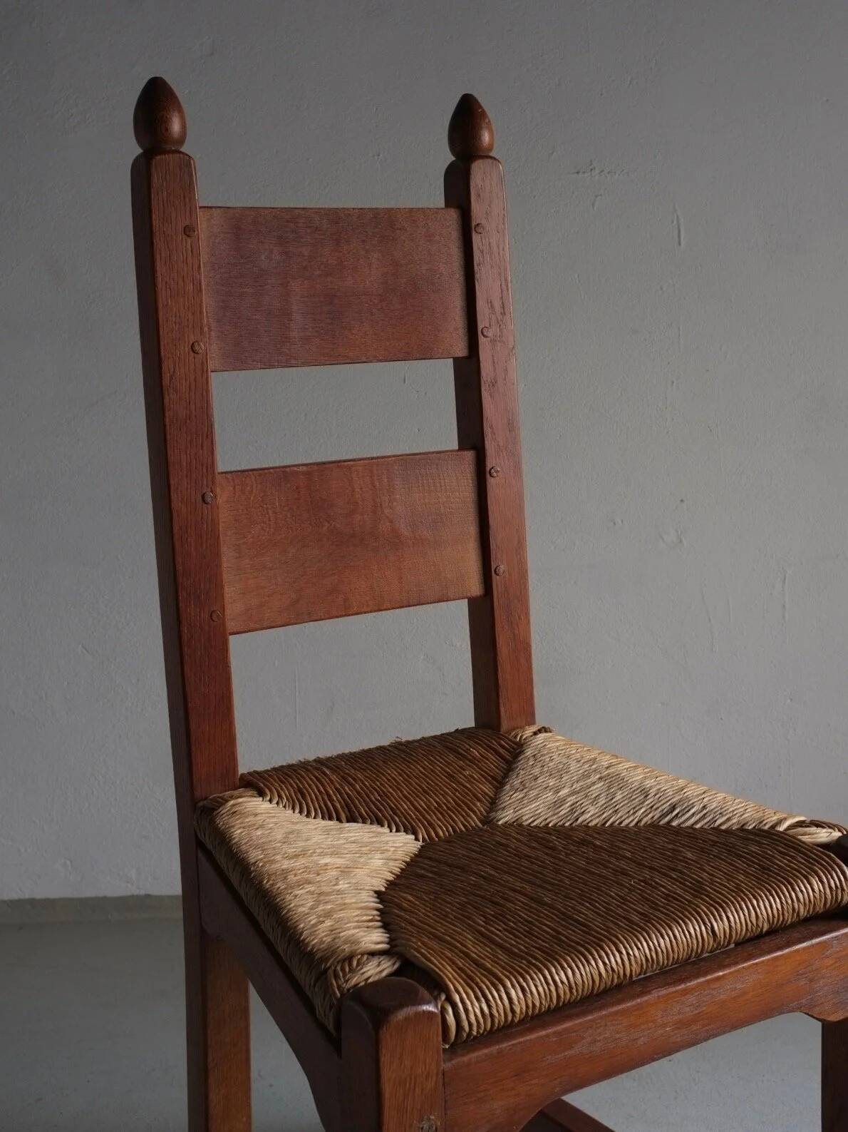 4 brutalist oak rush seat chairs | France | 1960s