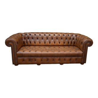 Canapé Chesterfield 3 places vintage en cuir marron