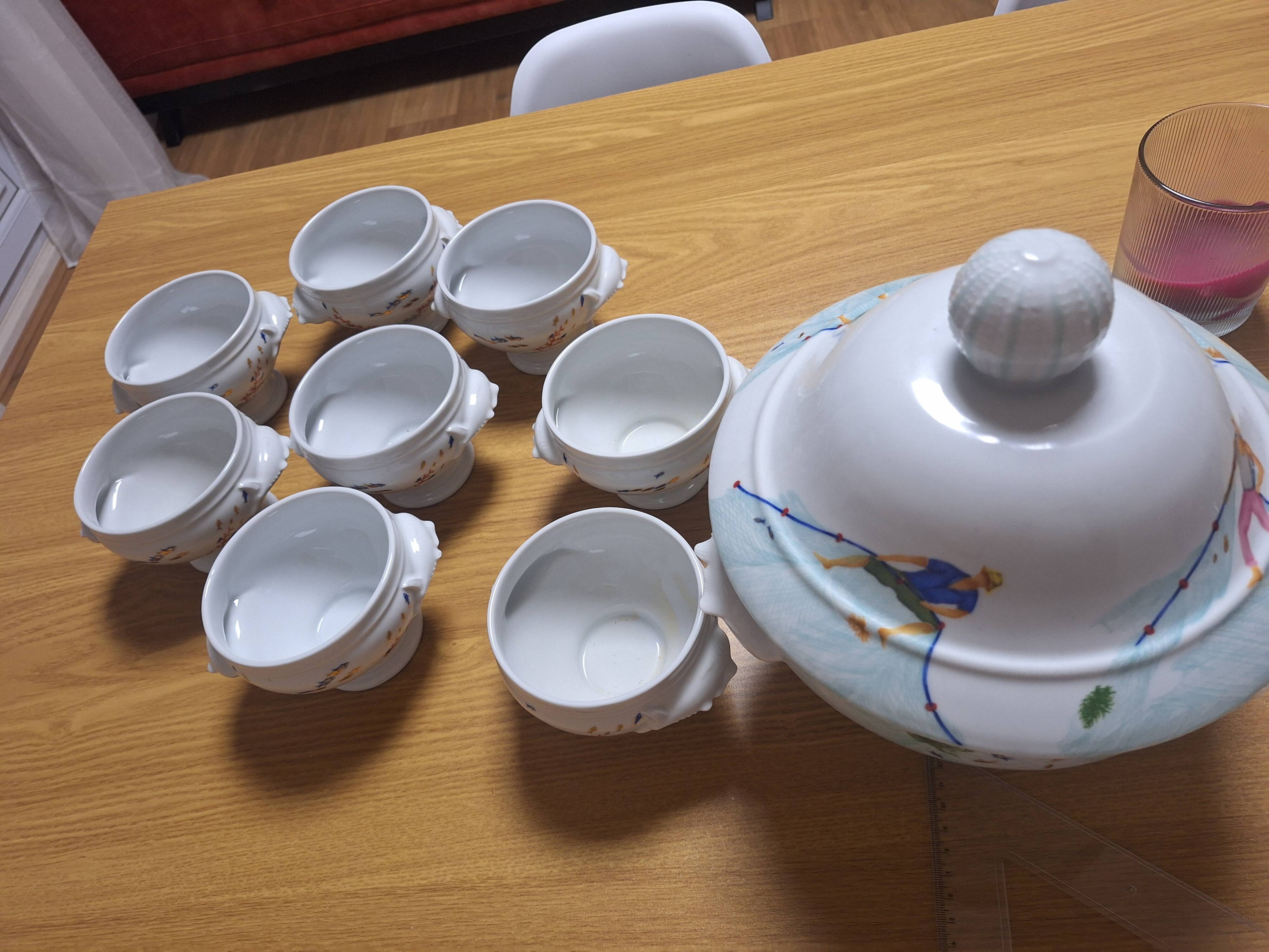 soup tureen + 8 bowls – Philippe Deshoulières “Caribbean Sea” – Porcelain