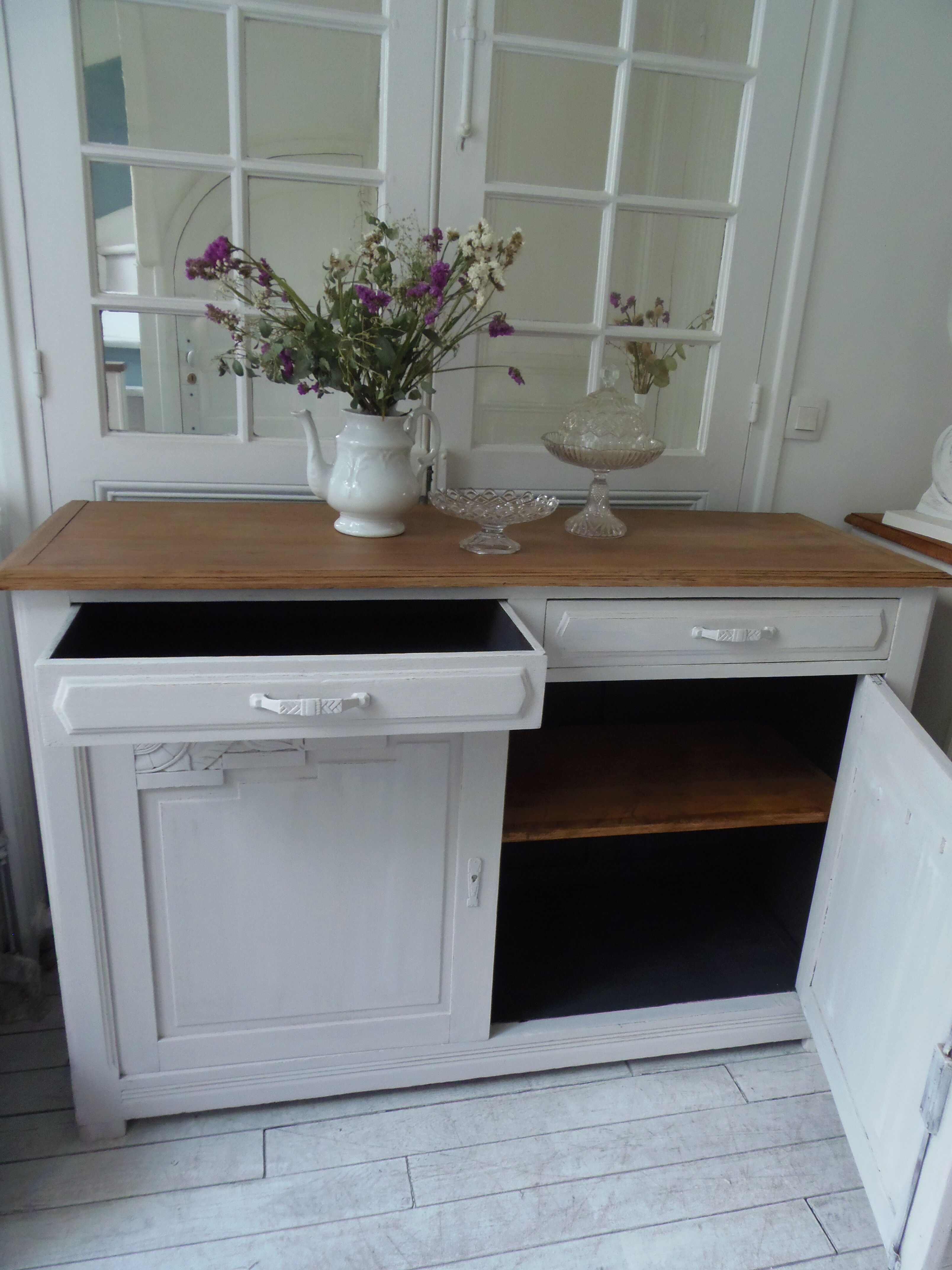 Art Deco sideboard patinated pearl gray, oak top.
