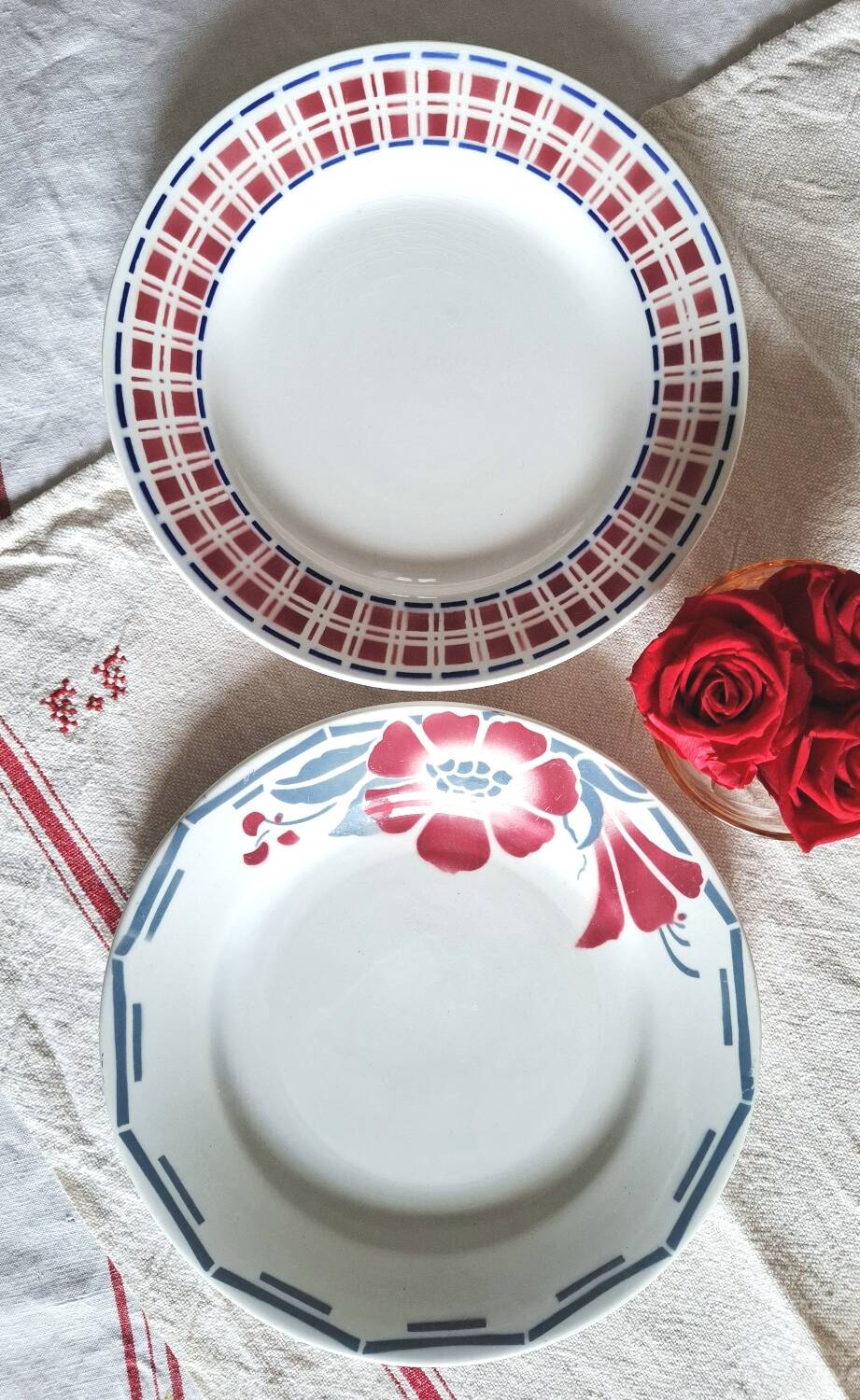 Mismatched antique earthenware dinner plates