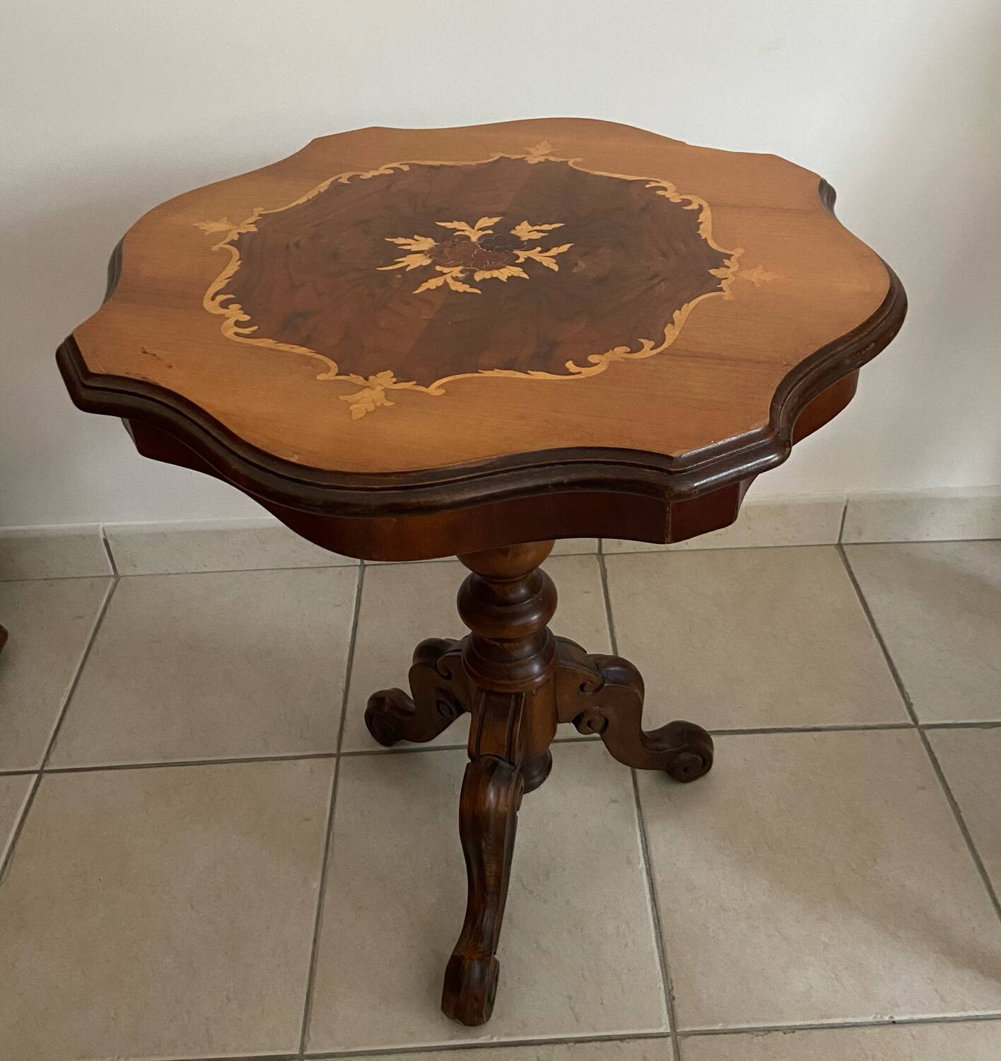 Old small marquetry pedestal table