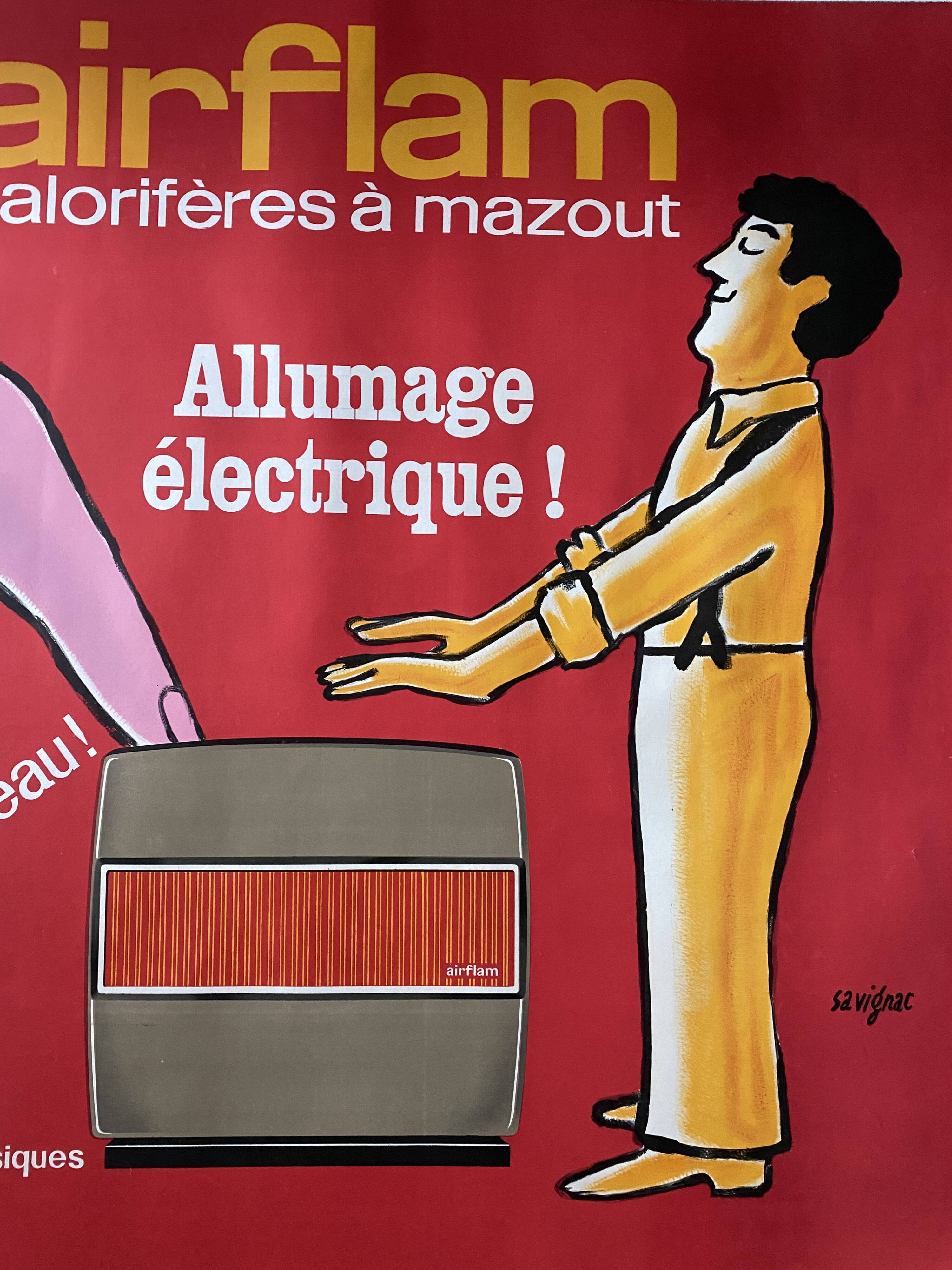 Original poster "Airflam electric ignition" Heating, Savignac 115x153cm 60's
