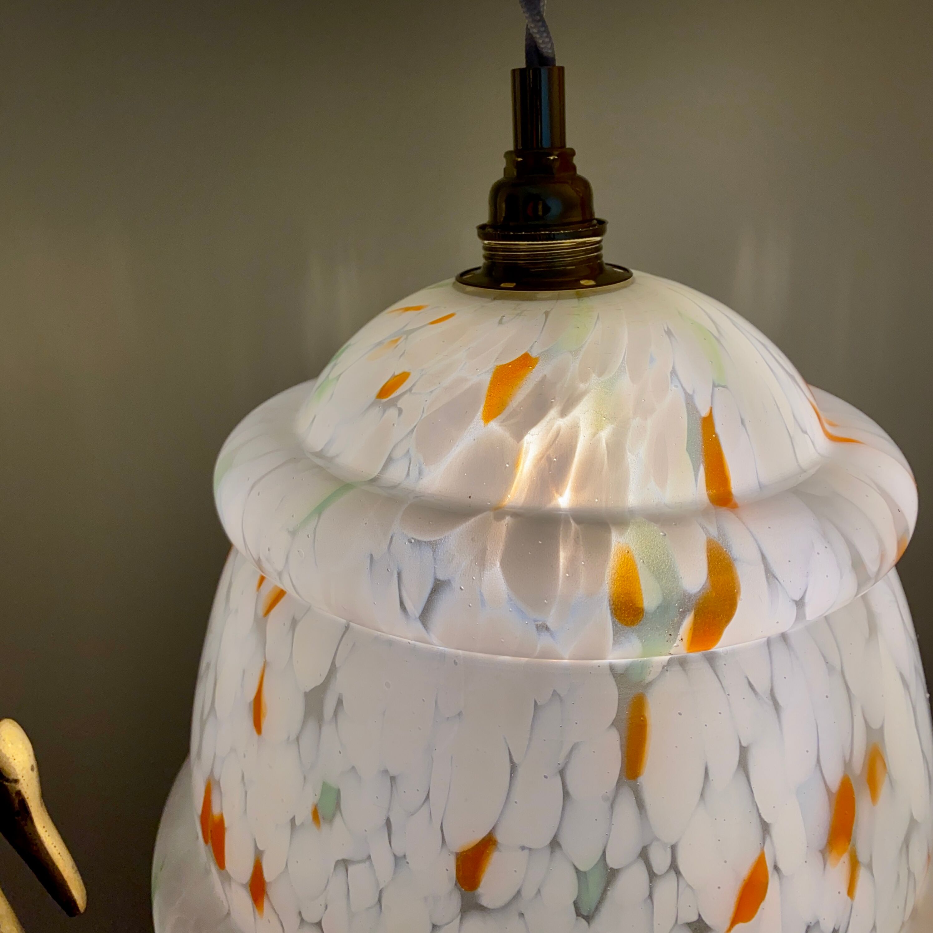 Vintage Clichy glass globe pendant lamp white orange and green