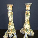 Pair of large polychrome ceramic candlesticks – Floral decoration – H 34 cm