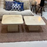 Pair of square nesting coffee tables in white beige travertine marble