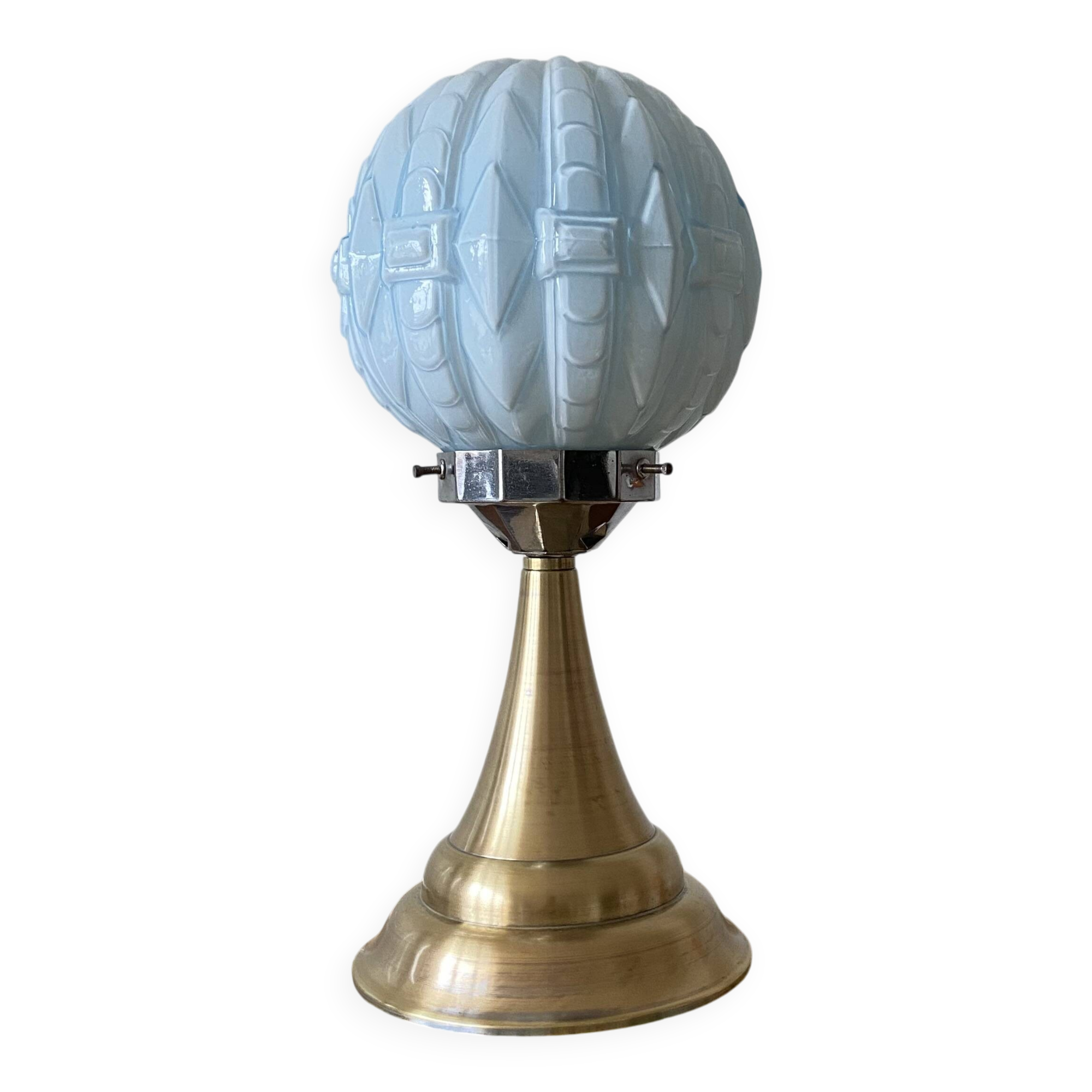 Vintage Art Deco modernist lamp with blue opaline glass and brass.