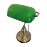 Lampe de banquier ancienne en bronze et opaline verte, Art Déco