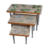 pull-out tables Vallauris, signed 'the wheel' ceramic, chrome foot