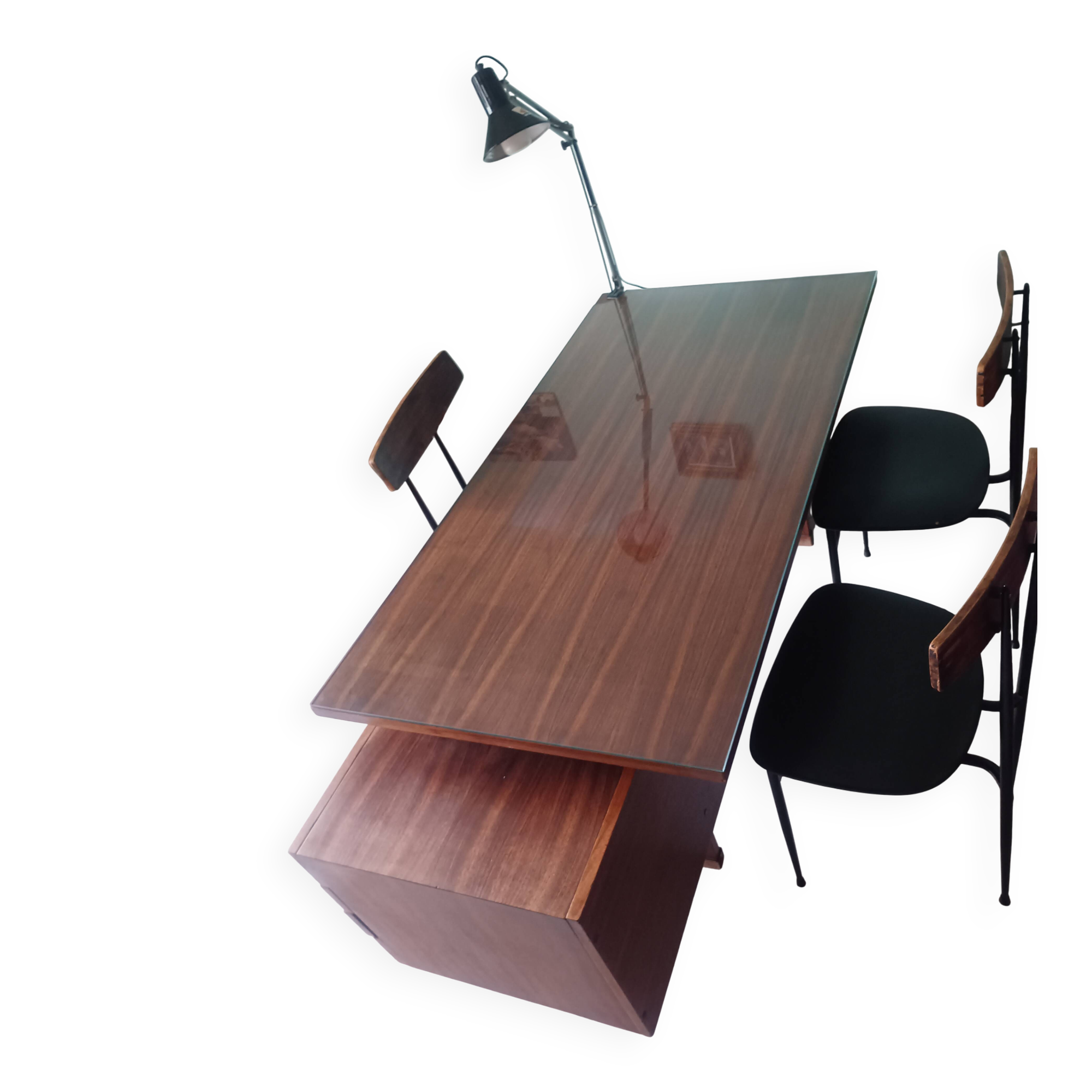 Desk and 3 chairs in 1950s Italian modernist style in rosewood.