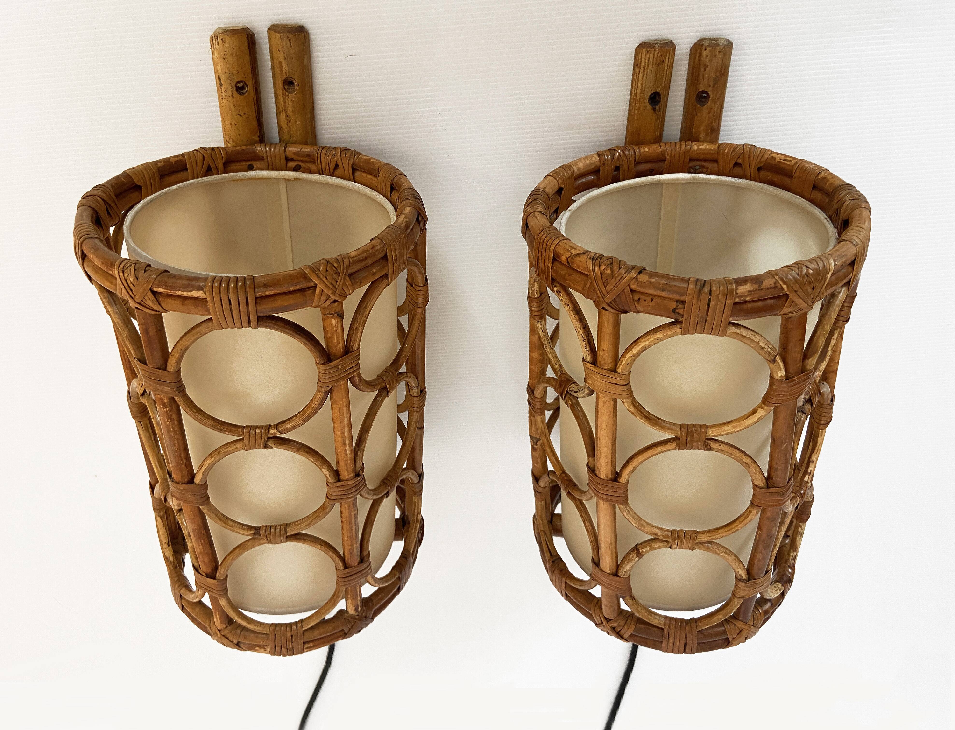 Mid-Century Rattan Wall Sconces — Louis Sognot Style