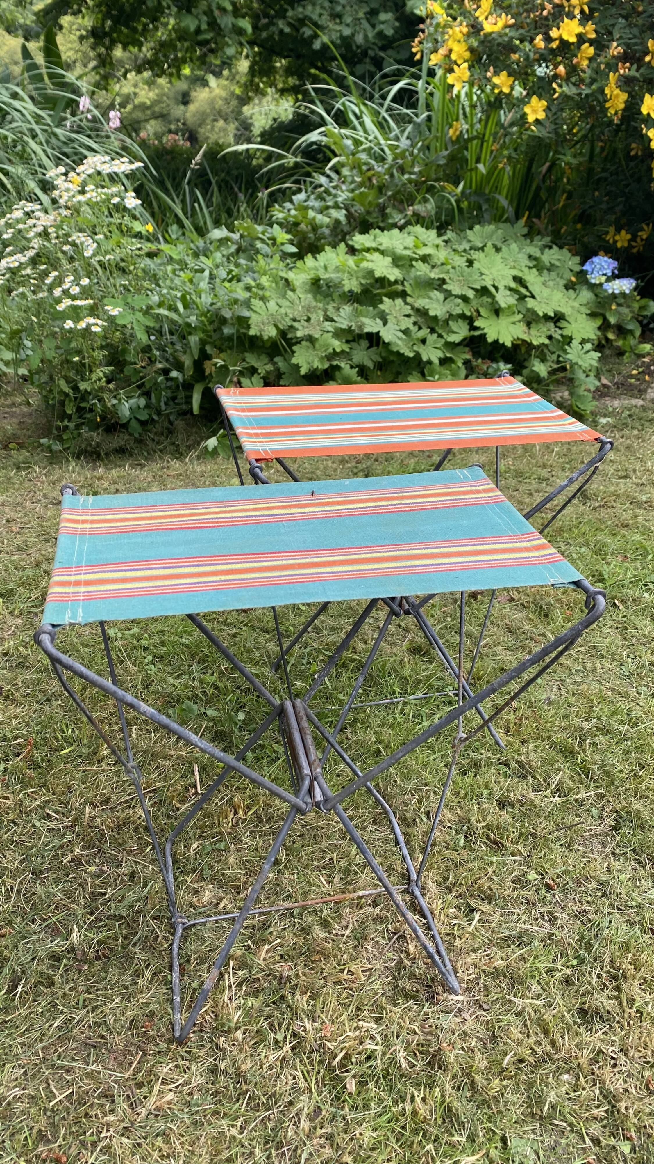 Vintage camping folding stool, striped canvas
