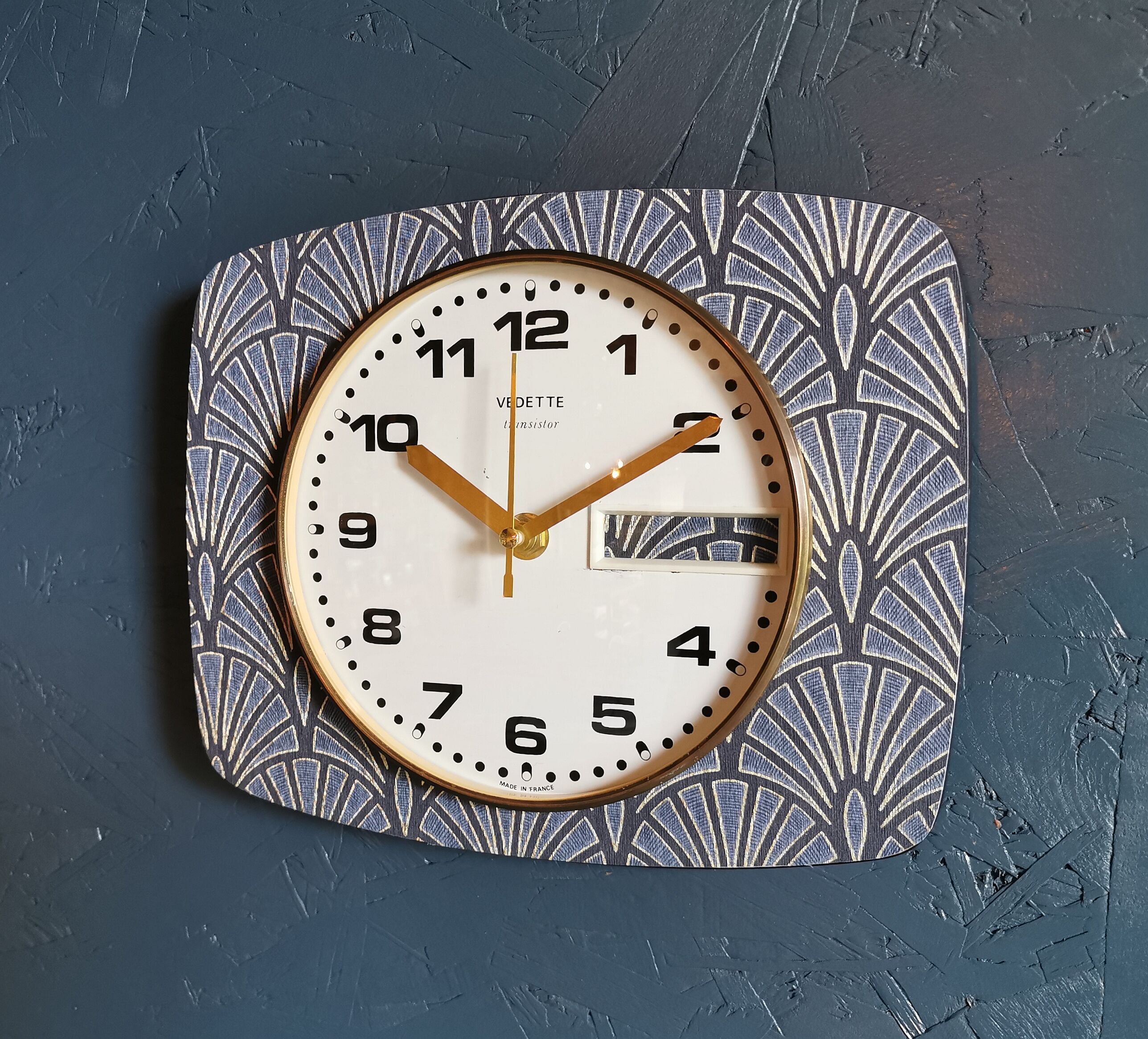 Vintage clock rectangular silent wall clock "Golden Blue Spotlight"