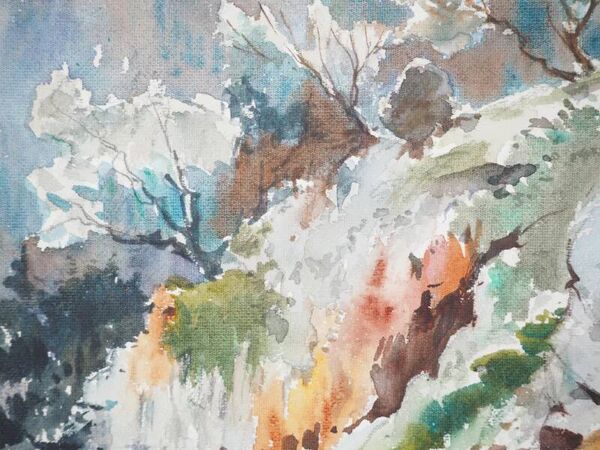 René LEVERD : Suisse, sur la route de Bouveret, Aquarelle originale signée