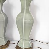 Two celadon-colored ceramic lamp bases