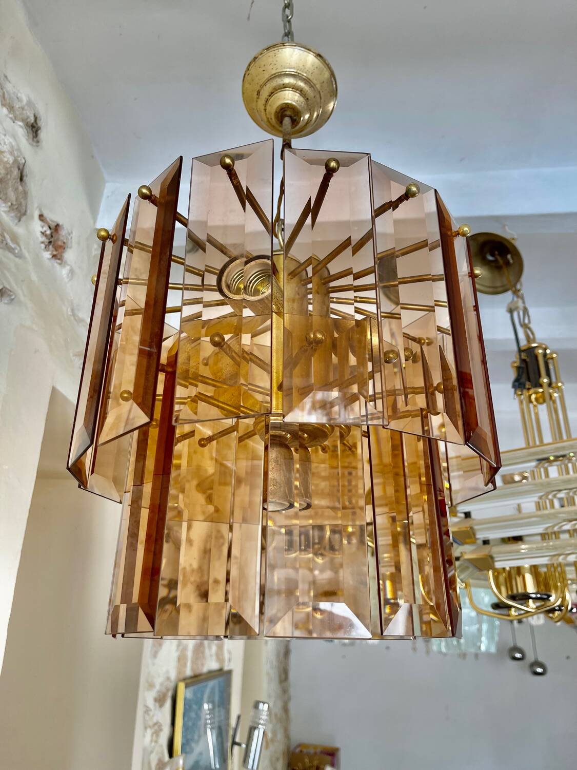 Veca chandelier glass structure brass, Spain 1960