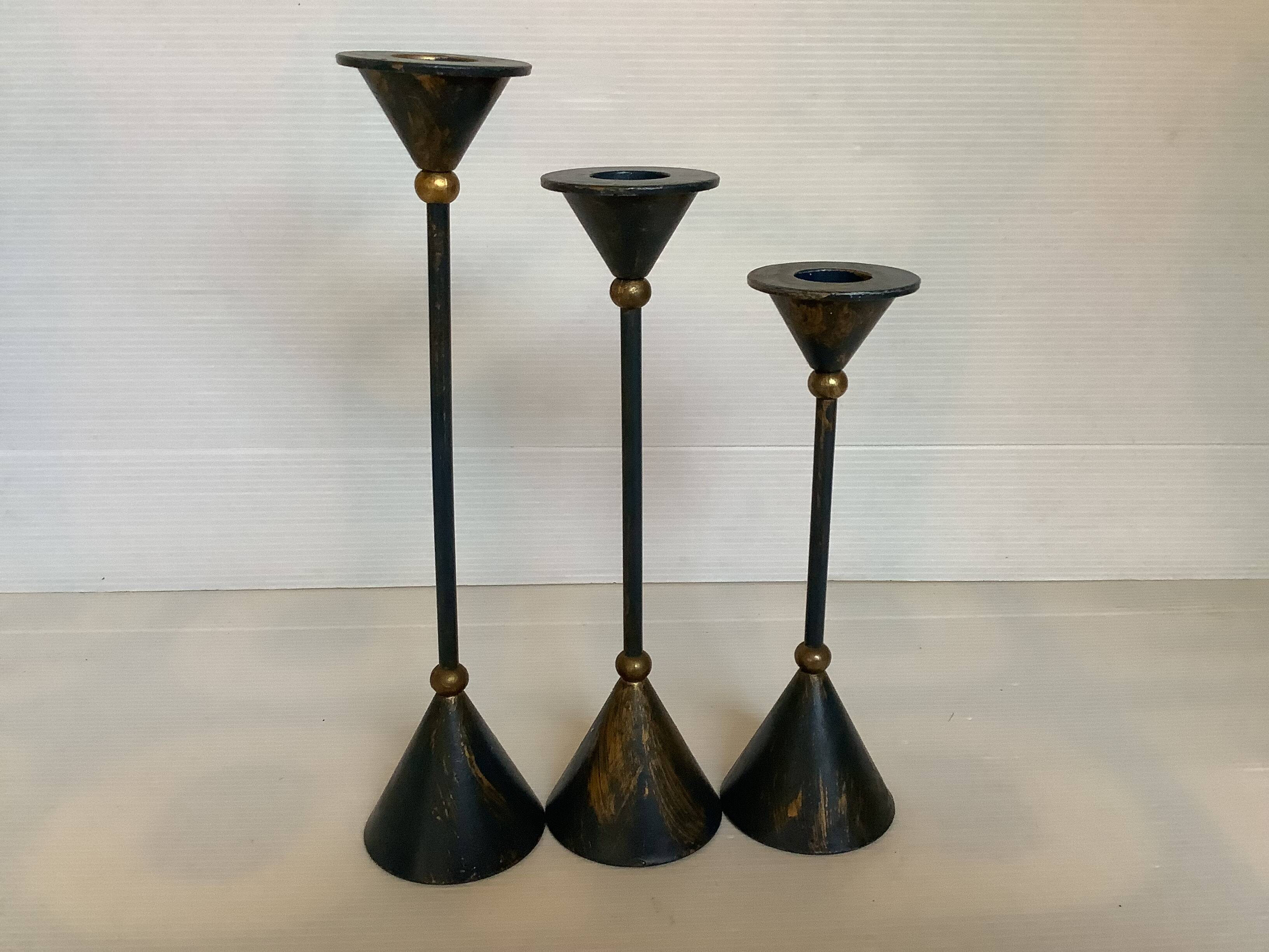 Trio of vintage blue and gold candlesticks