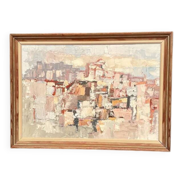 Huile sur panneau d'origine suédoise – « Composition » par Gösta Calmayer – Signée – Datée 1961 – Vintage et encadrée – 62 × 45 cm (24,4" × 17,7")
