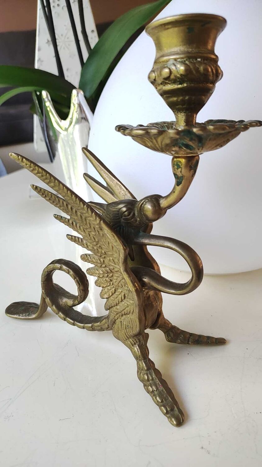 Pair of bougeoirs antiques dragons winged / chimeras / phoenix, style napoleon iii, 19th. in gilded bronze