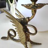 Pair of bougeoirs antiques dragons winged / chimeras / phoenix, style napoleon iii, 19th. in gilded bronze