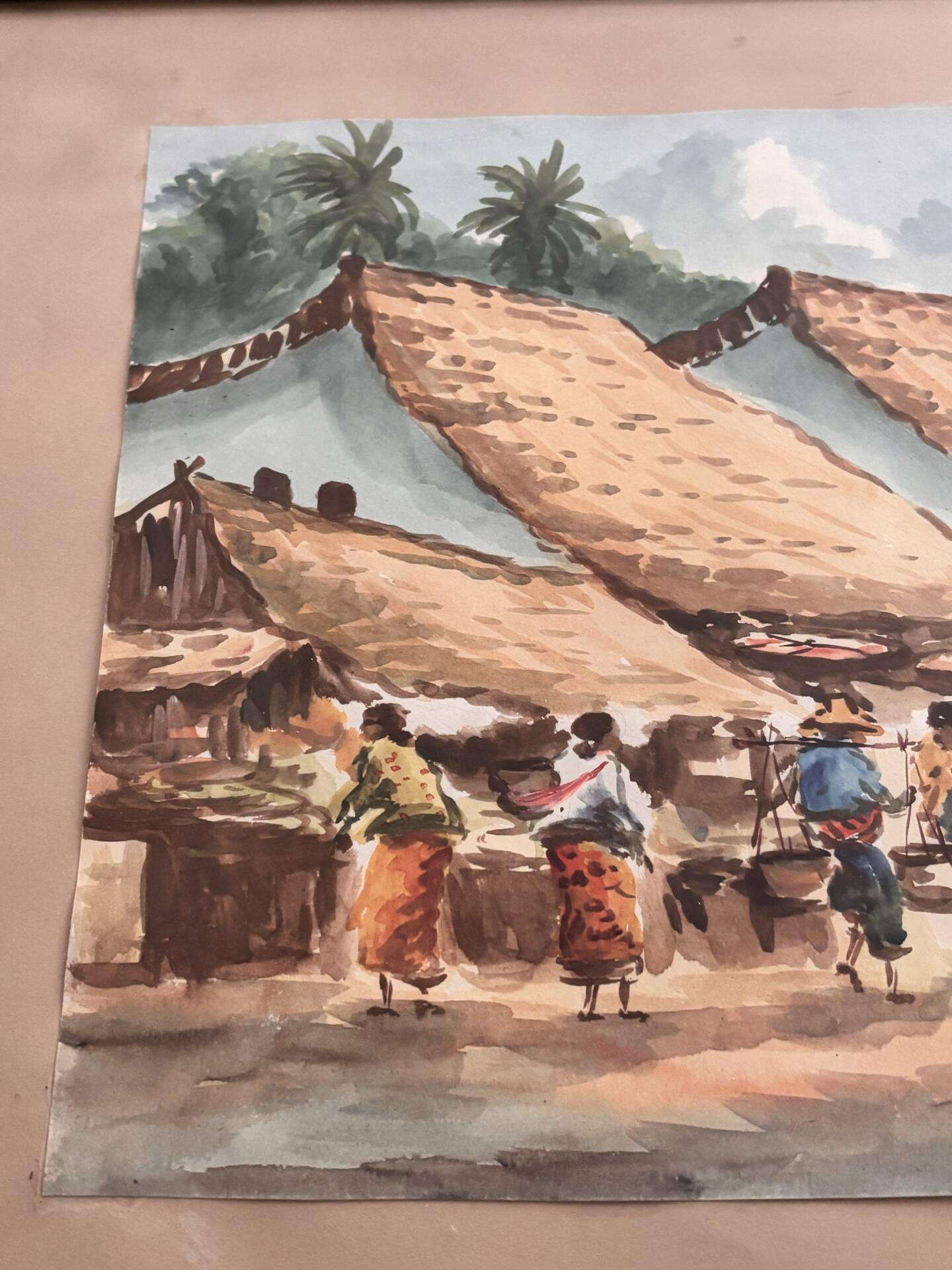 Aquarelle ancienne - Scène de Marché - École d'Indochine v. 1950