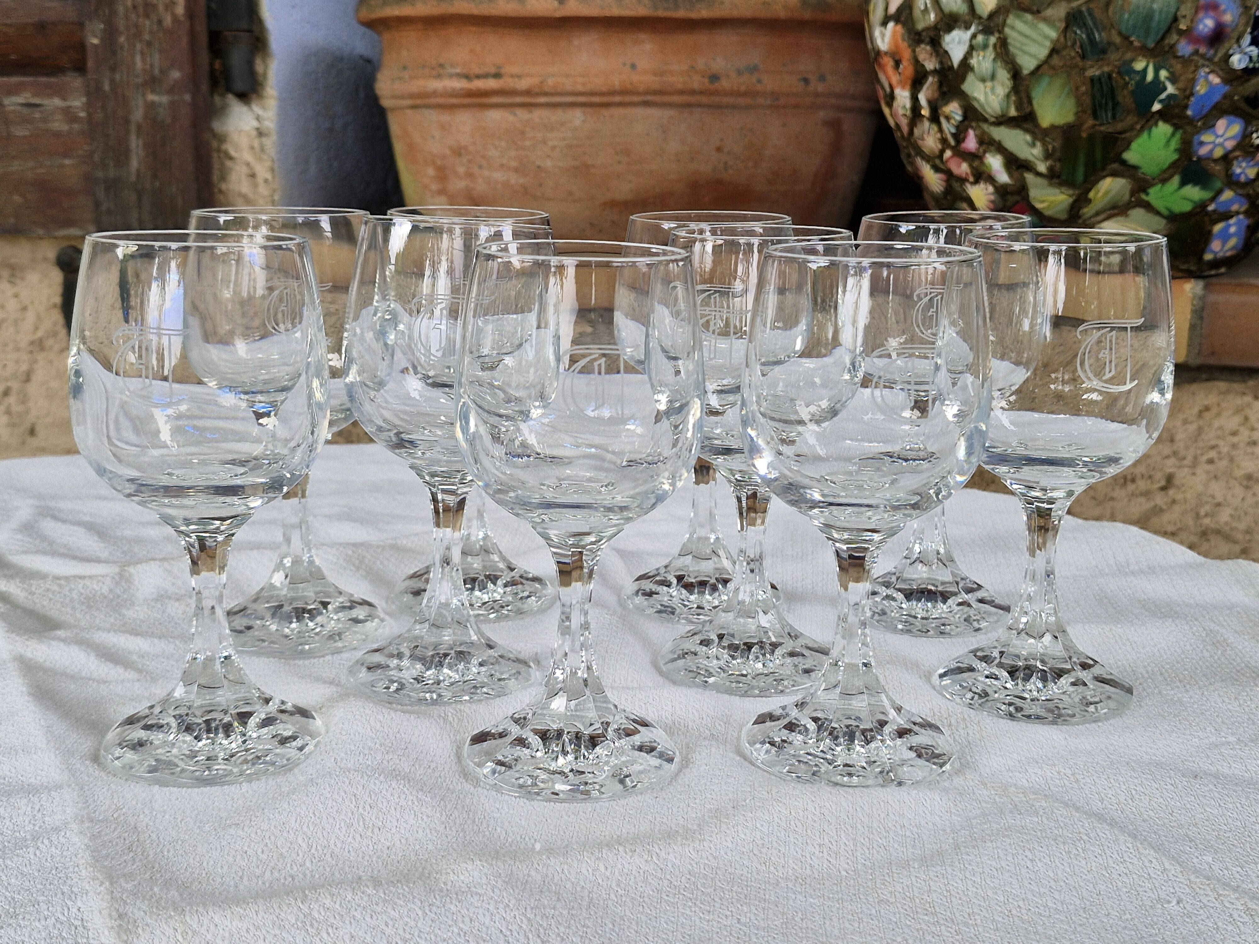 Vintage 10 Large Crystal Glasses - Engraved Logo - Cut Stem - Very Heavy
