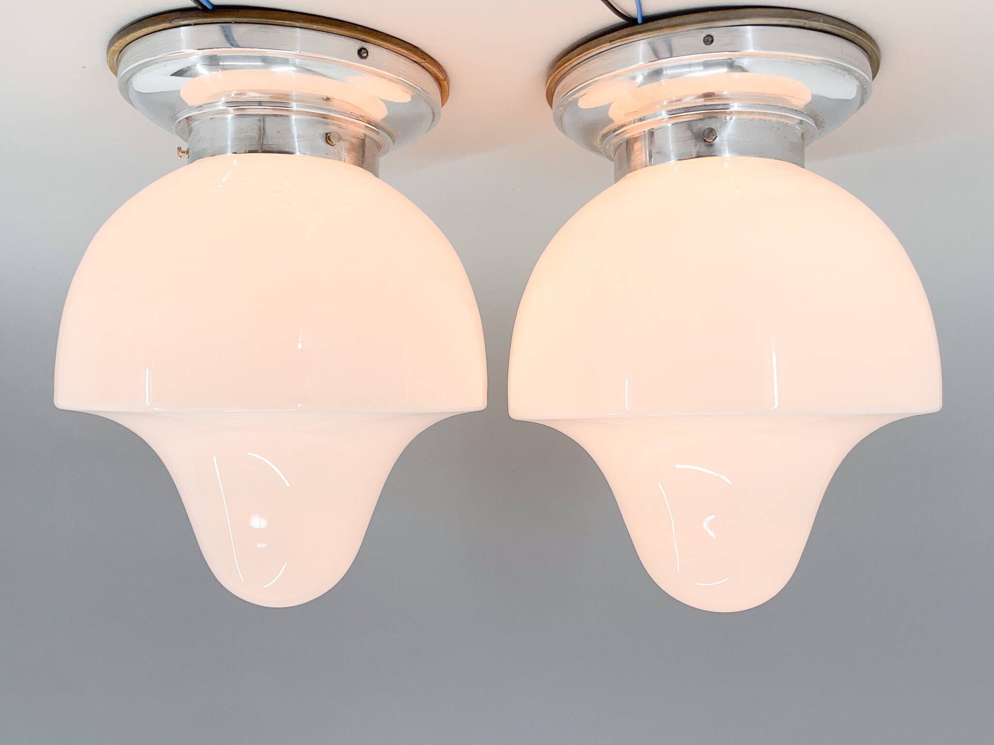 Pair of Mid-Century Chrome & Milk Glass Ceiling Ligts, Restored