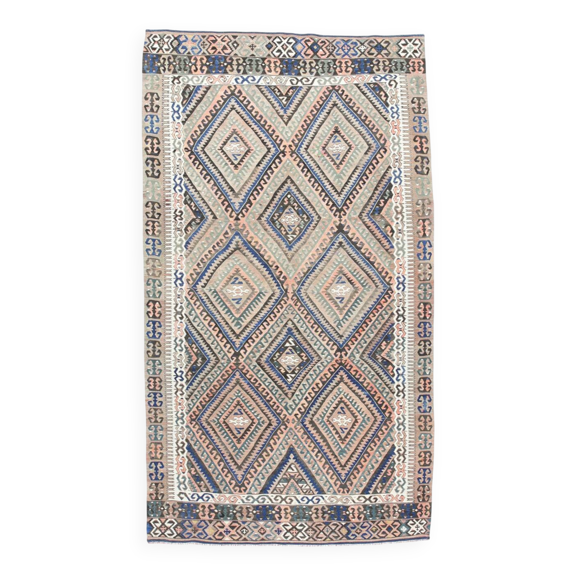 5x9 Kilim Anatolian Carpet, Handwoven Wool Rug, Blue Details Rug, 154x275Cm