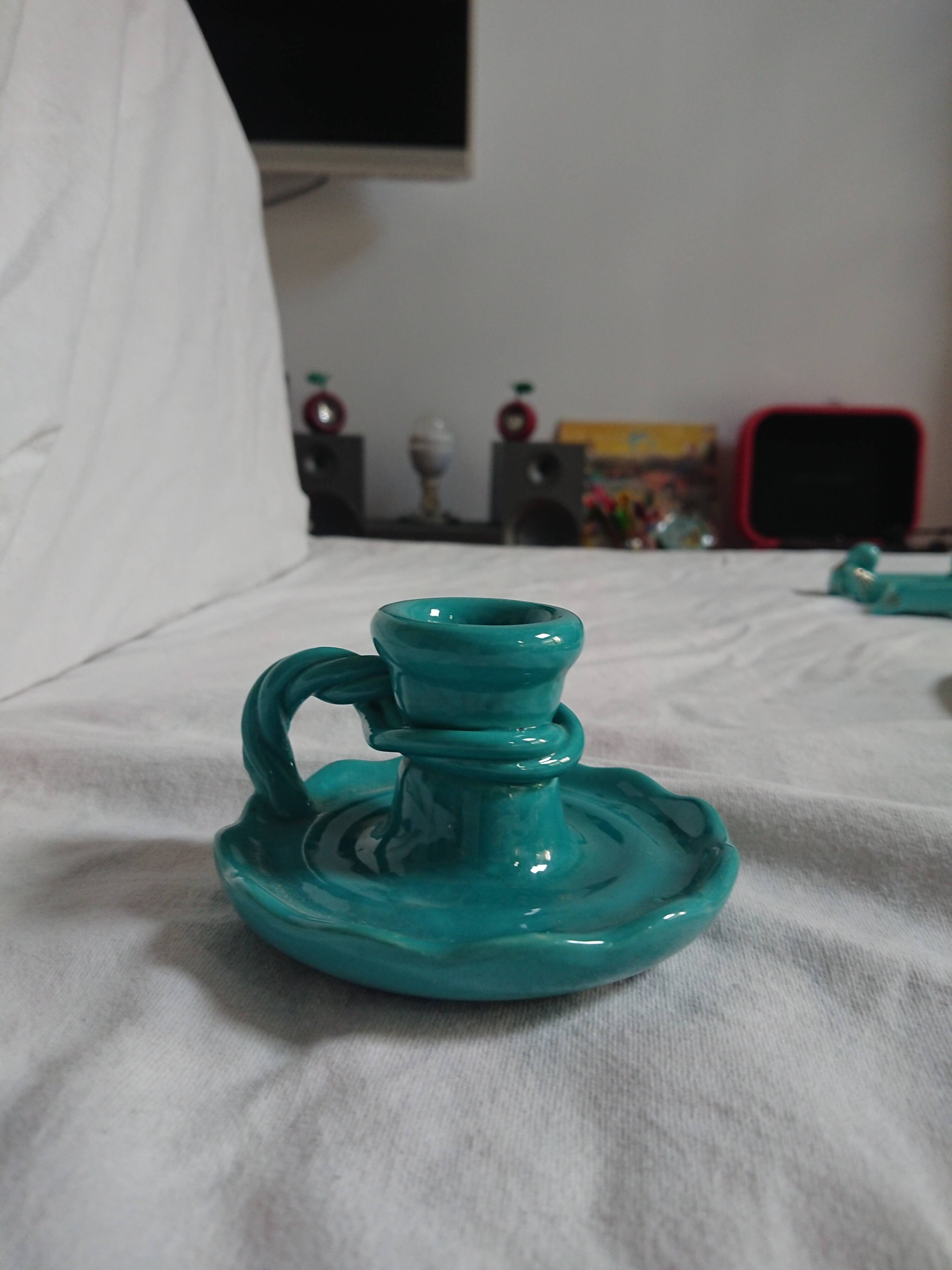 Green vintage ceramic candle holder