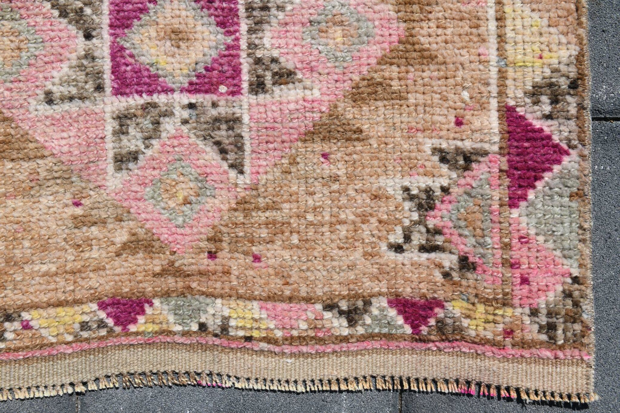 Fuchsia & Pink Vintage Runner Rug,Anatolian Geometric Wool Carpet,80x364 Cm