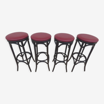 4 professional bistro stools with burgundy red imitation top in solid curved wood in the