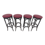 4 professional bistro stools with burgundy red imitation top in solid curved wood in the