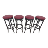 4 professional bistro stools with burgundy red imitation top in solid curved wood in the