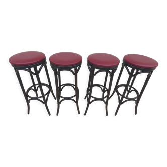 4 tabourets bistrot avec dessus simili rouge bordeaux  en bois courbé massif
