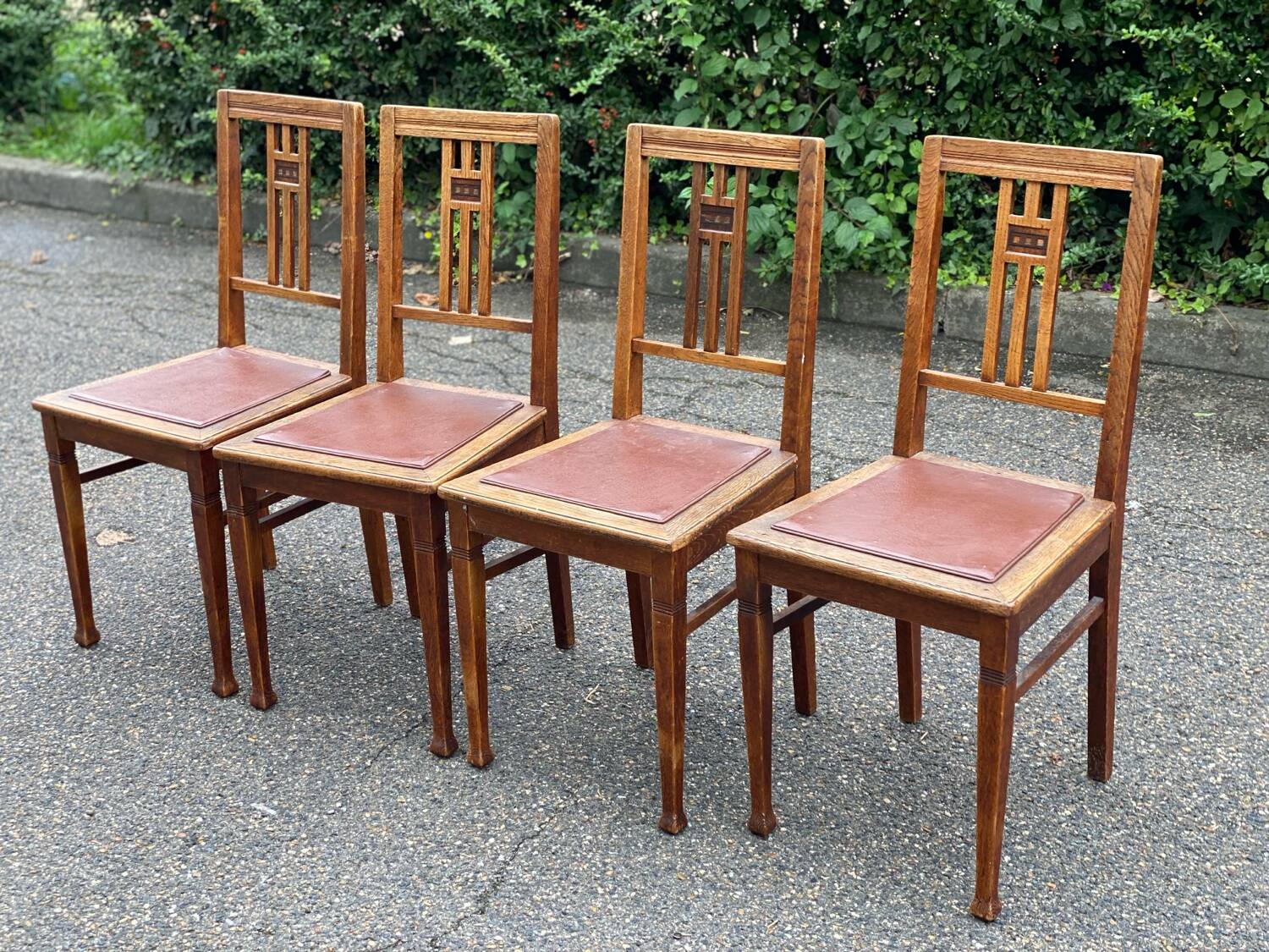 4 art deco dining chairs in solid wood and burgundy leather