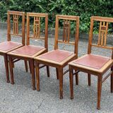 4 art deco dining chairs in solid wood and burgundy leather