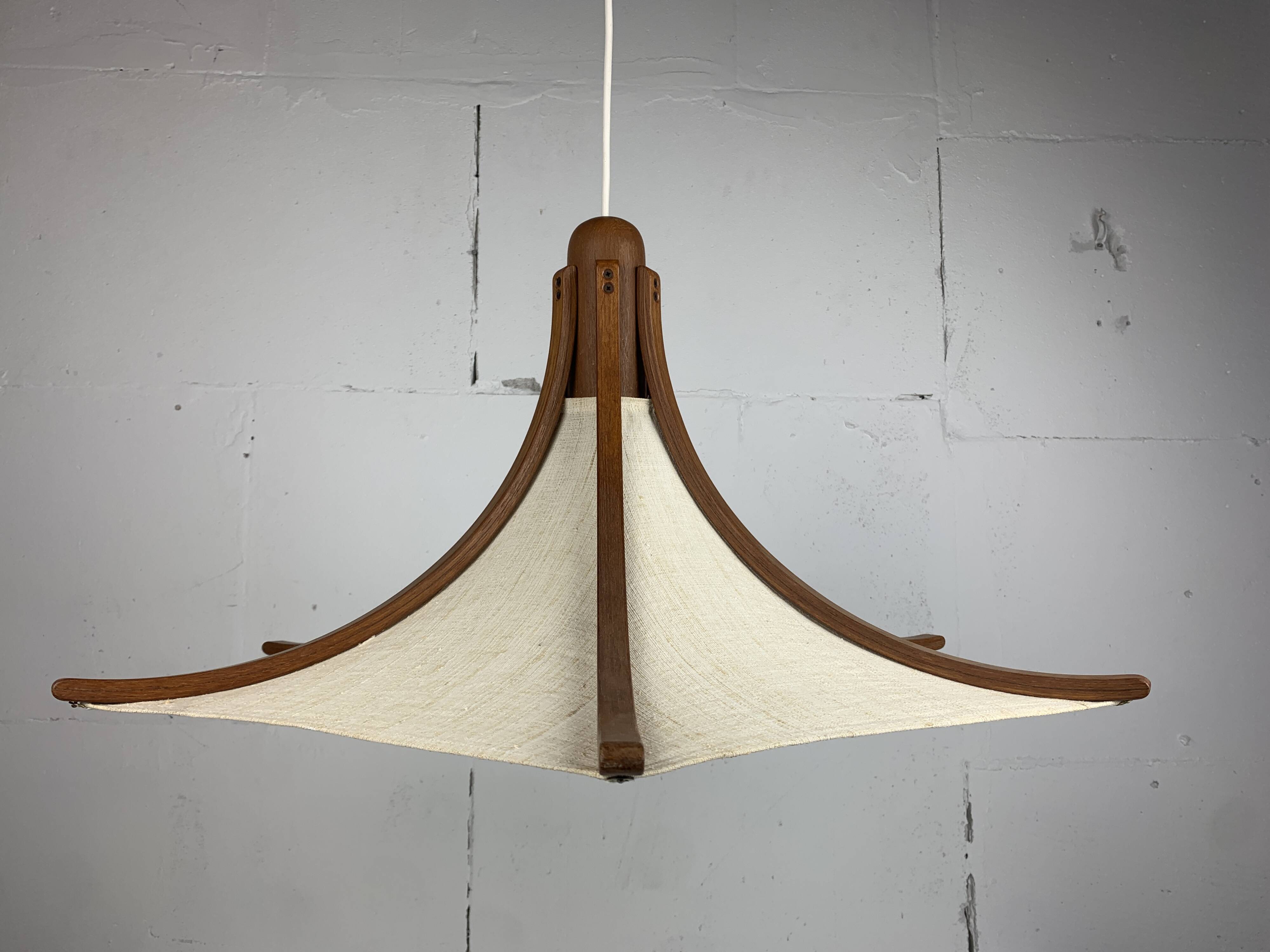 Teak and linen umbrella pendant hanging lamp by Domus, 1970s