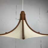 Teak and linen umbrella pendant hanging lamp by Domus, 1970s
