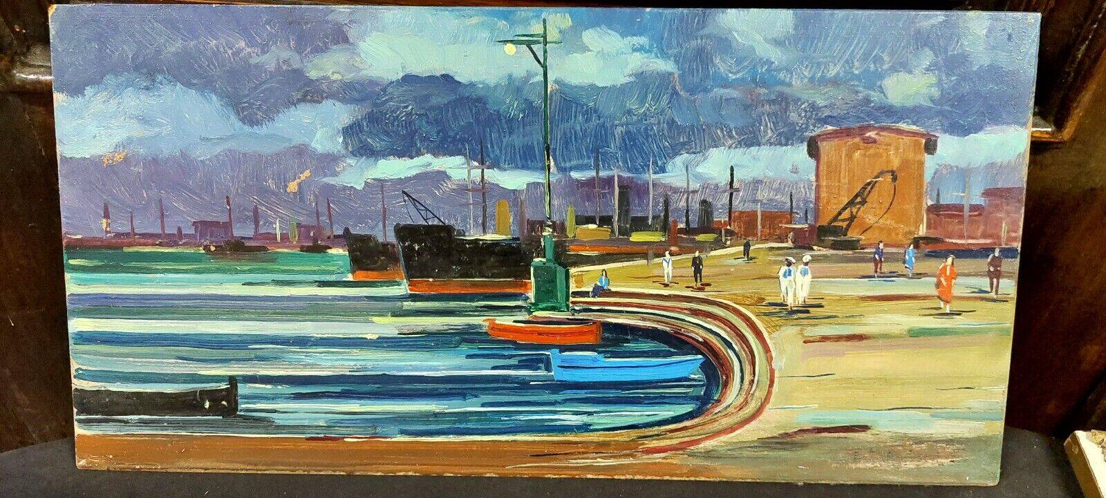 Oil painting Livorno 1975 port boats magnificent