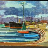 Oil painting Livorno 1975 port boats magnificent