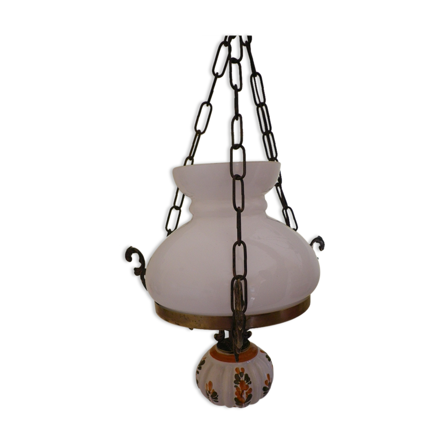 Hanging lamp of the 1950s, white opaline shade and porcelain decoration