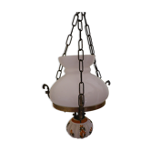 Hanging lamp of the 1950s, white opaline shade and porcelain decoration